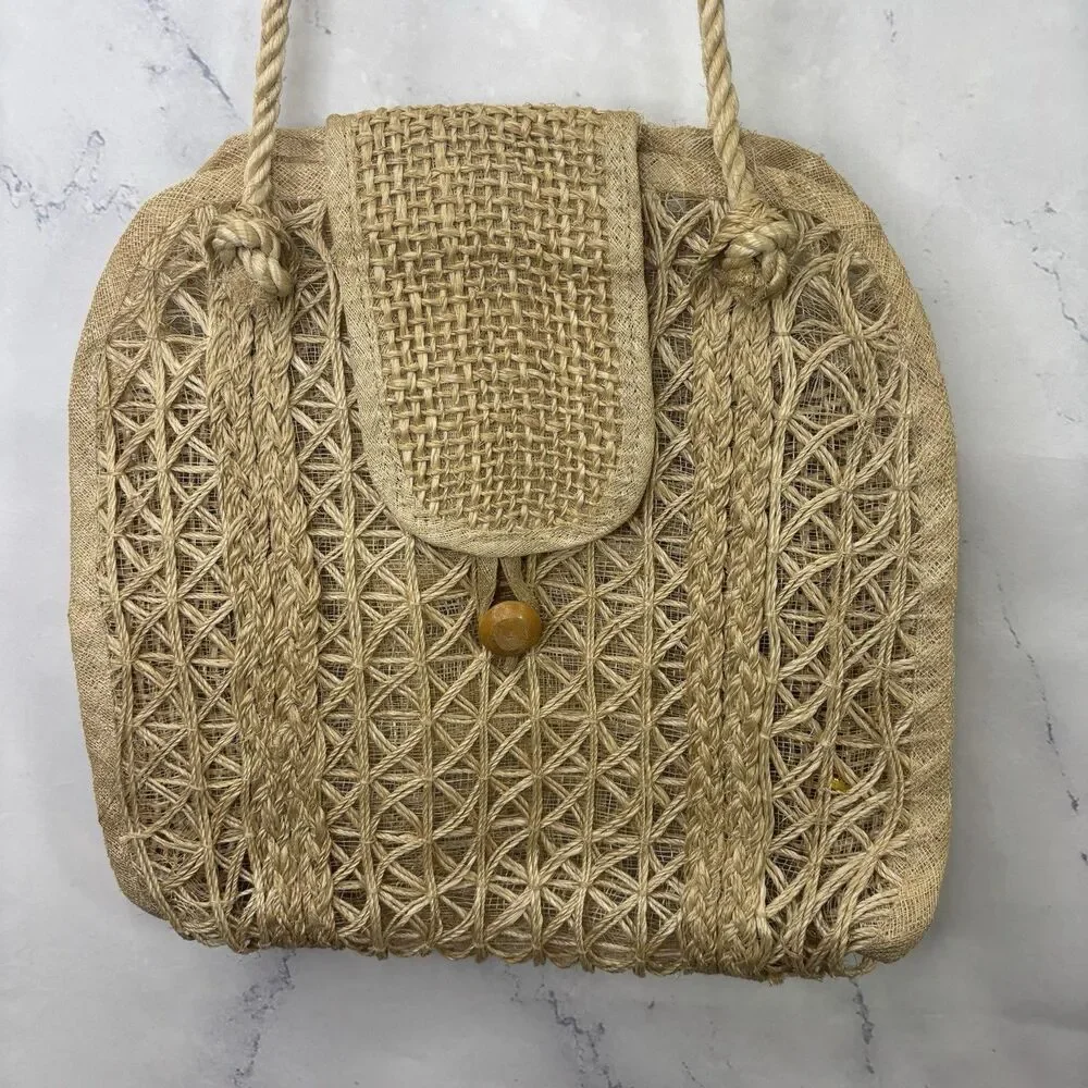Vintage 70s peasant Rattan Straw Tote Woven Bag Beach Knitting Cottagecore Folk